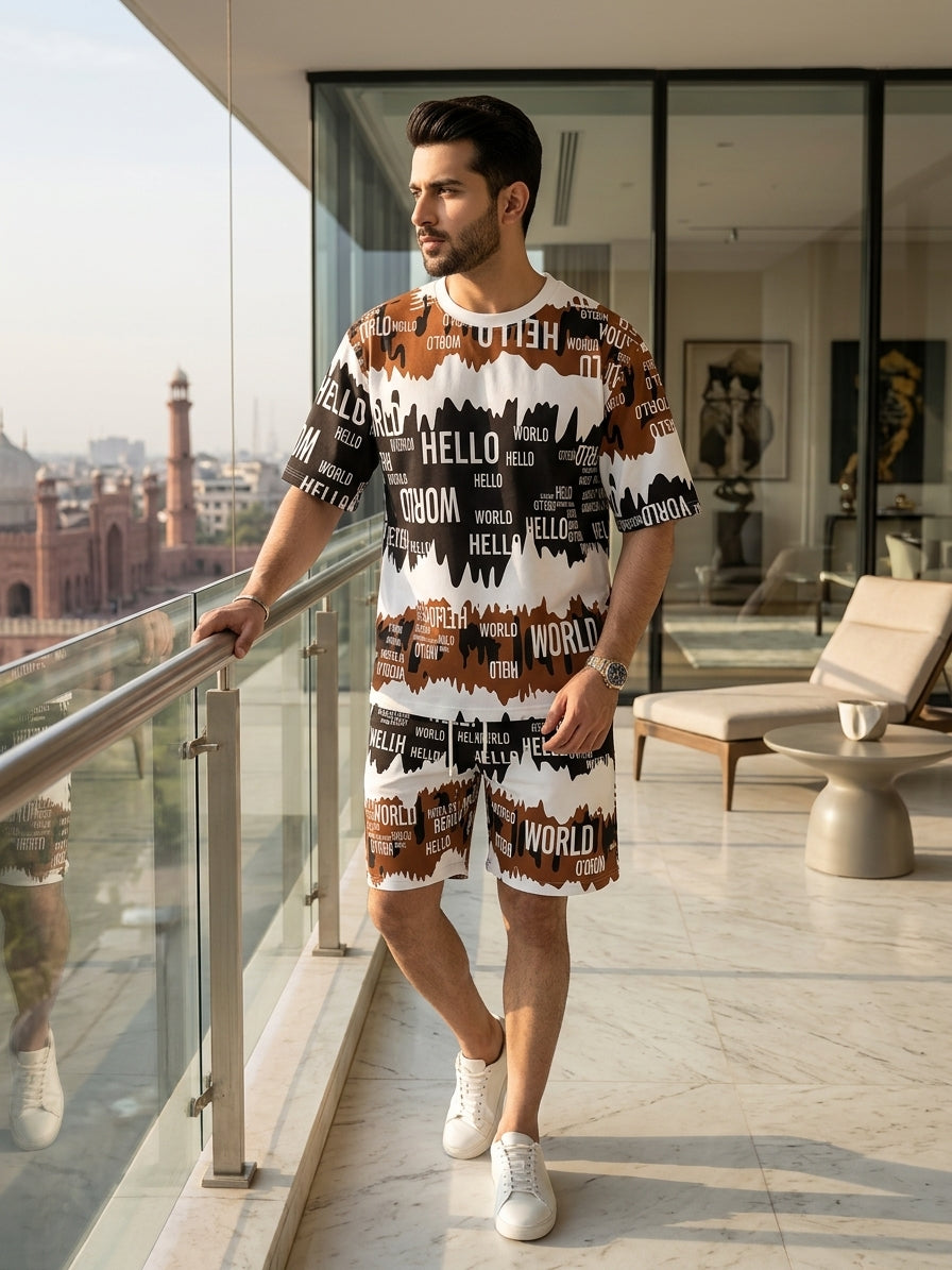Orange & Black Hello World Print Shirt & Shorts Set