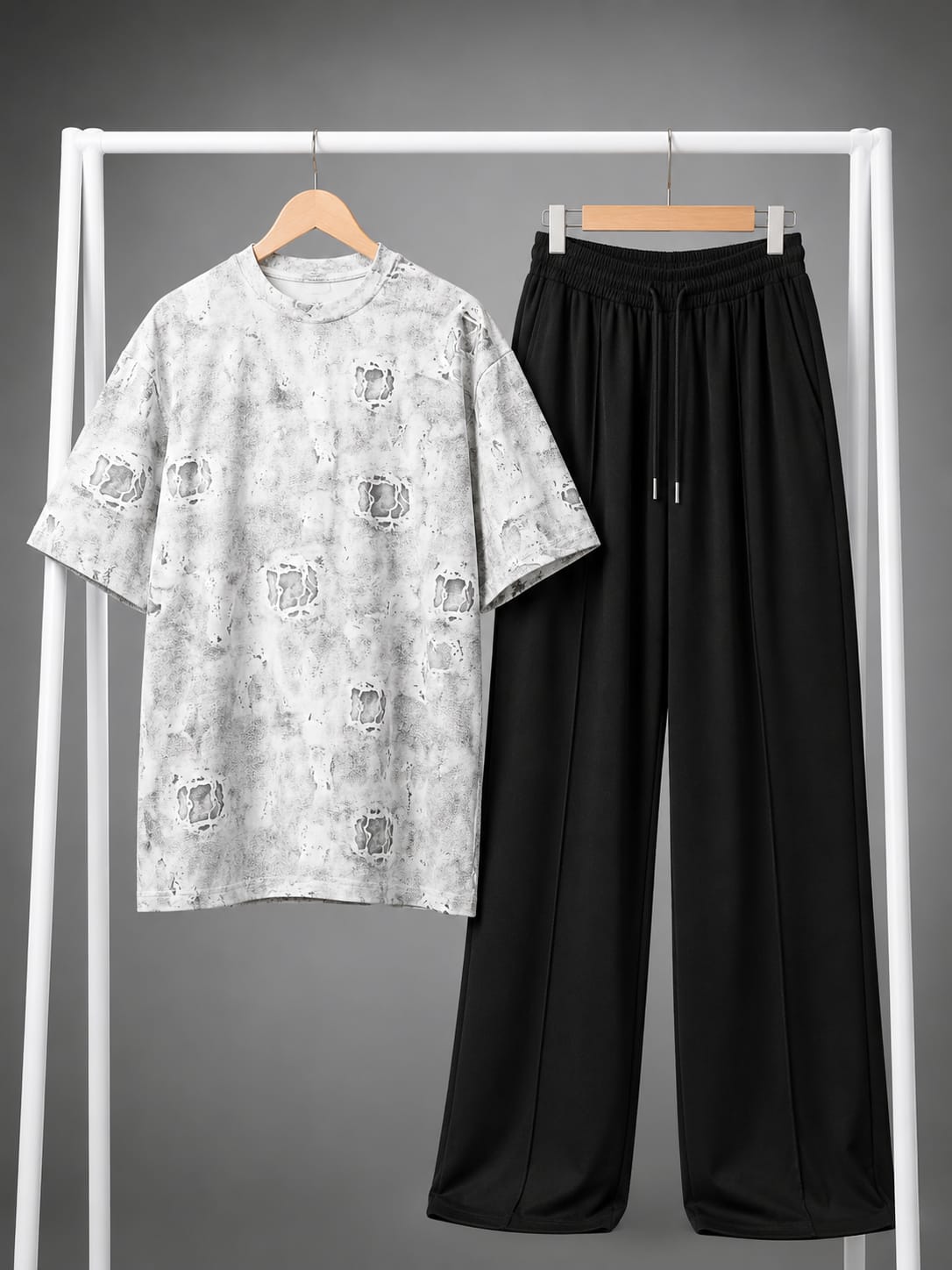 White Distressed Print Tee & Black Trouser Co-ord Set