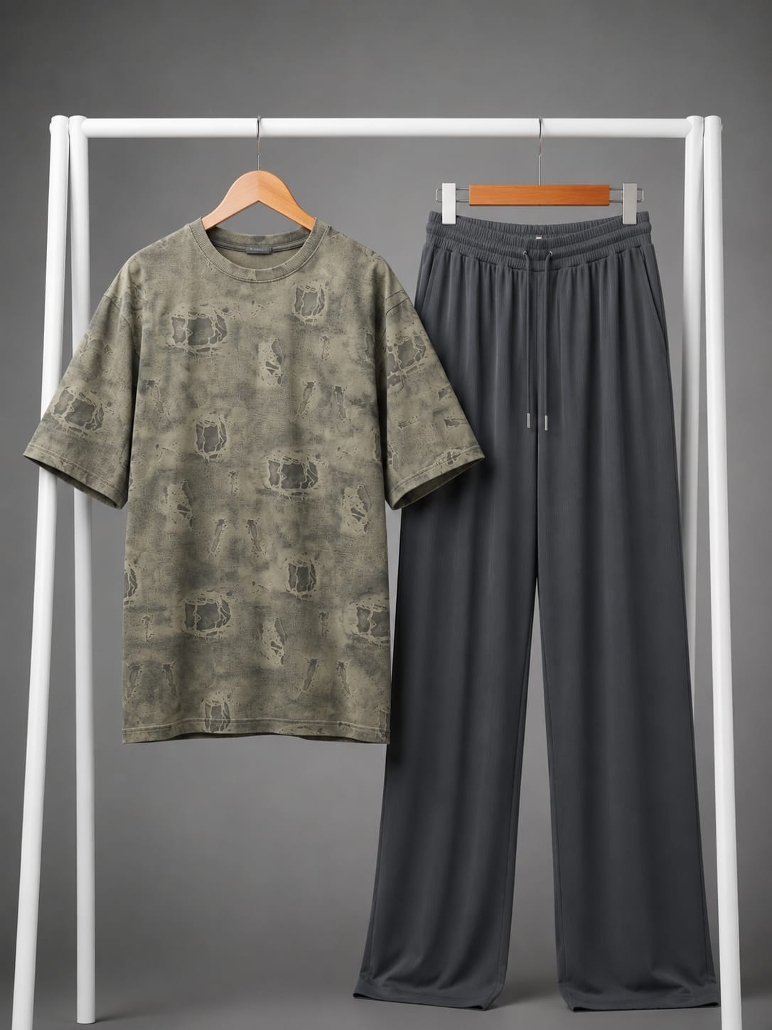 Brown Distressed Print Tee & Grey Trouser Co-ord Set