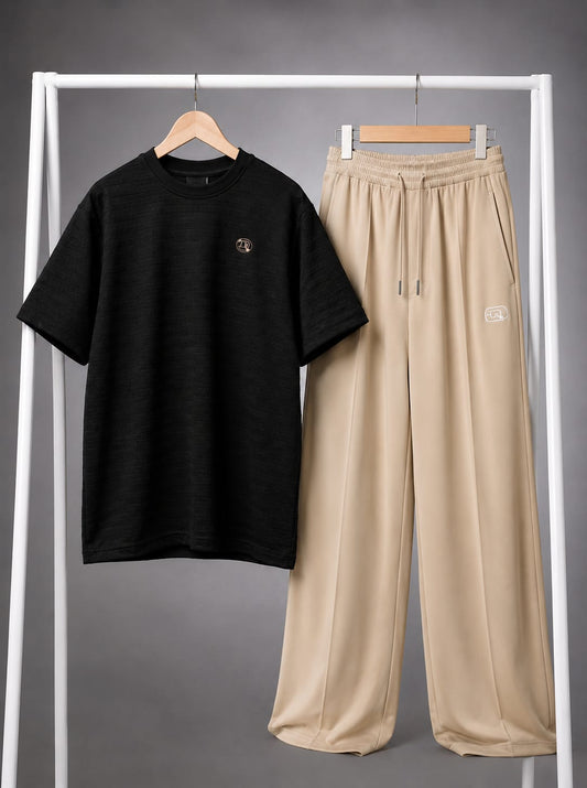 Black Textured Tee & Beige Trouser Co-ord Set