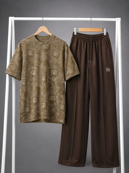 Olive Distressed Print Tee & Brown Trouser Co-ord Set