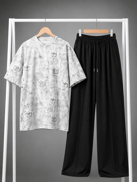 White Distressed Print Tee & Black Trouser Co-ord Set