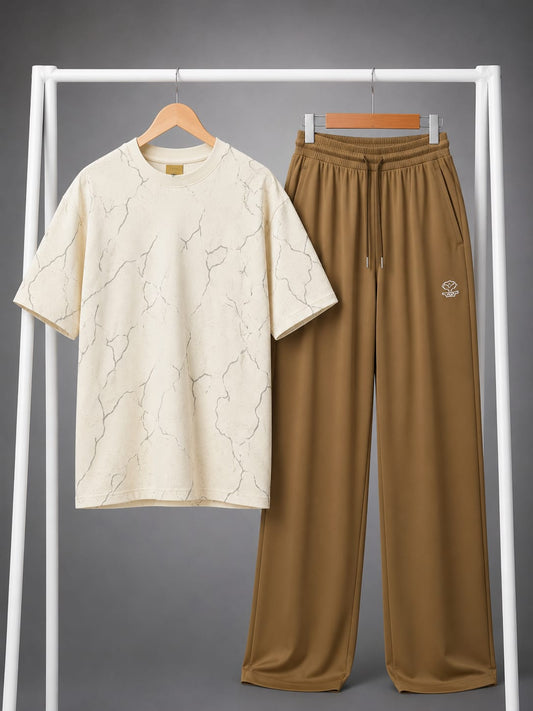 Cream Marble Print Tee & Brown Trouser Co-ord Set