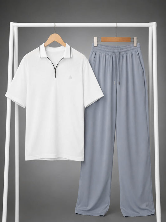 White Zip-Collar Polo & Blue-Grey Trouser Co-ord Set