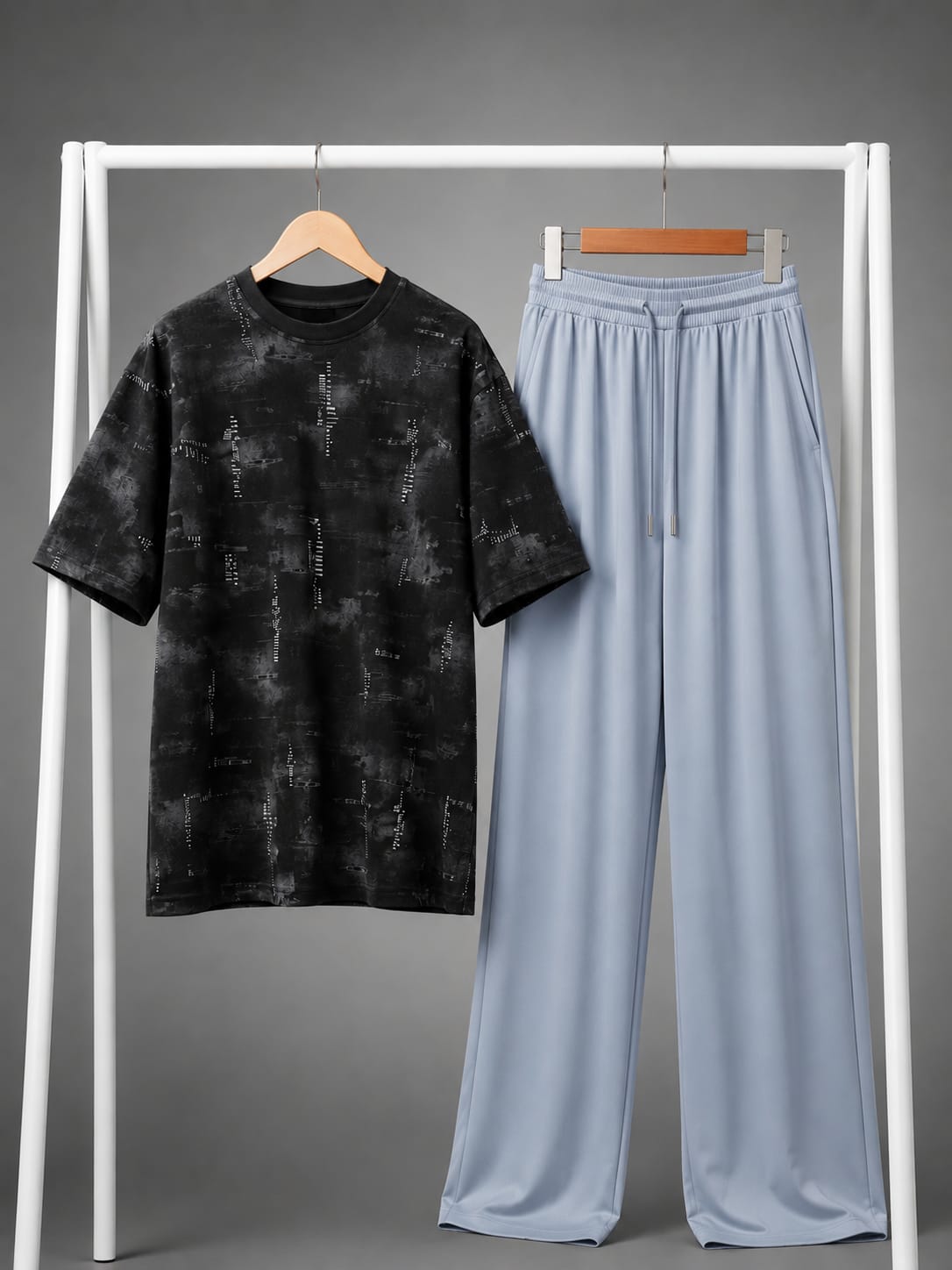 Black Static Print Tee & Light Grey Trouser Co-ord Set