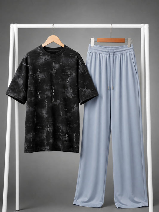 Black Static Print Tee & Light Grey Trouser Co-ord Set