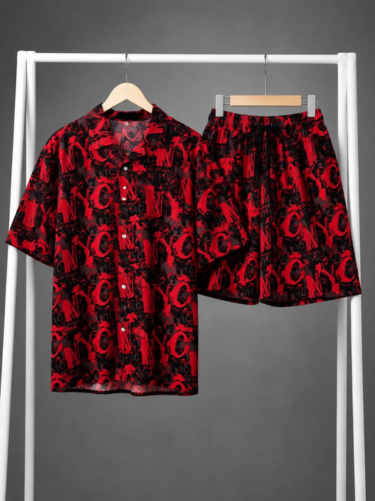 Black & Red Abstract Print Shirt & Shorts Set