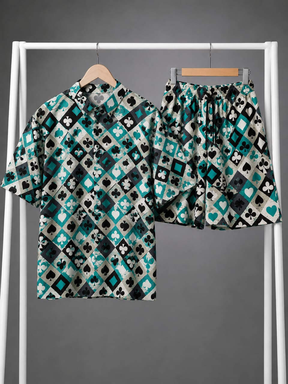 Aqua & Black Playing Cards Print Shirt & Shorts Co-ord Set