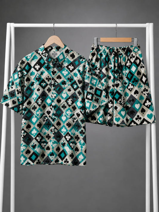 Aqua & Black Playing Cards Print Shirt & Shorts Co-ord Set