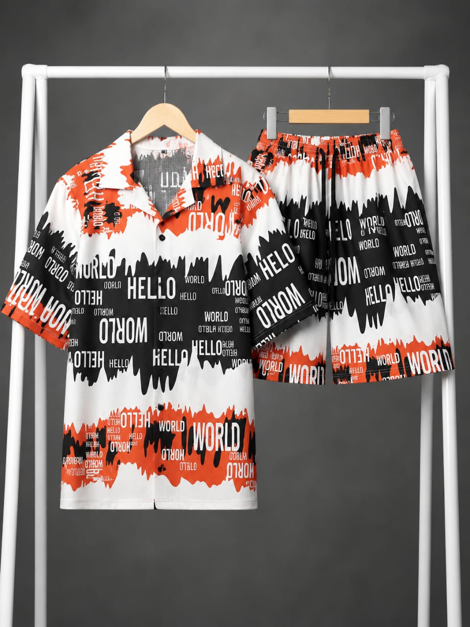 Orange & Black Hello World Print Shirt & Shorts Set