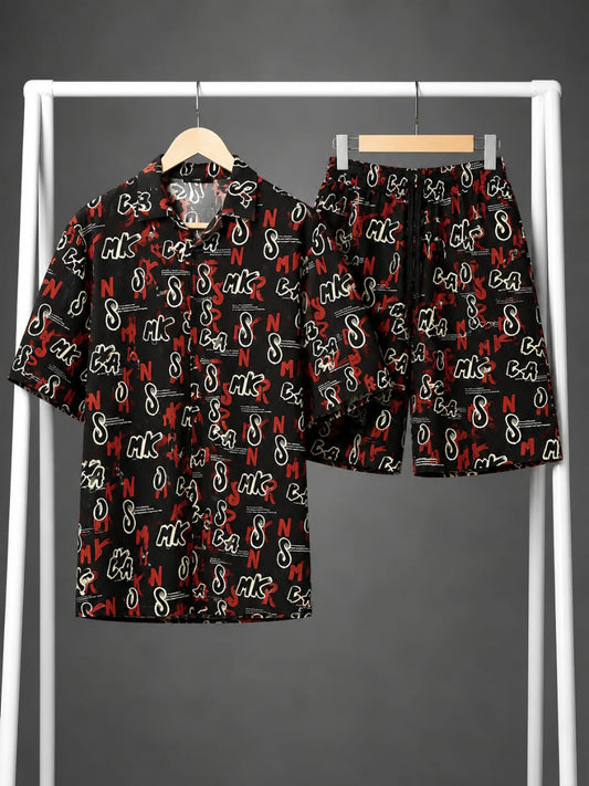 Black & Red Graffiti Print Shirt & Shorts Co-ord Set