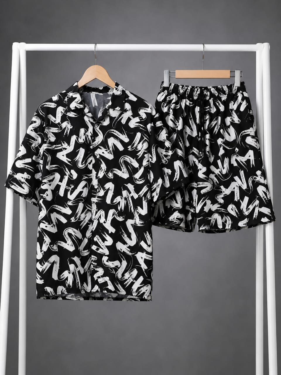 Black & White Brush Stroke Print Shirt & Shorts Co-ord Set