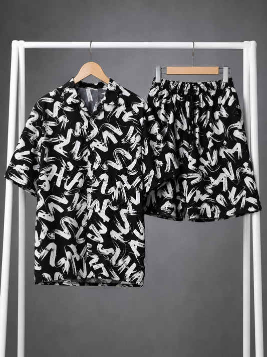 Black & White Brush Stroke Print Shirt & Shorts Co-ord Set