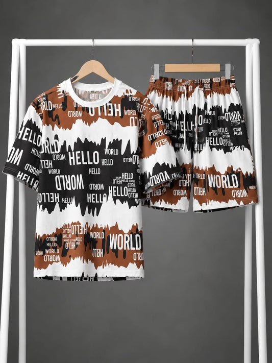 Brown & Black Hello World Graphic Tee & Shorts Co-ord Set