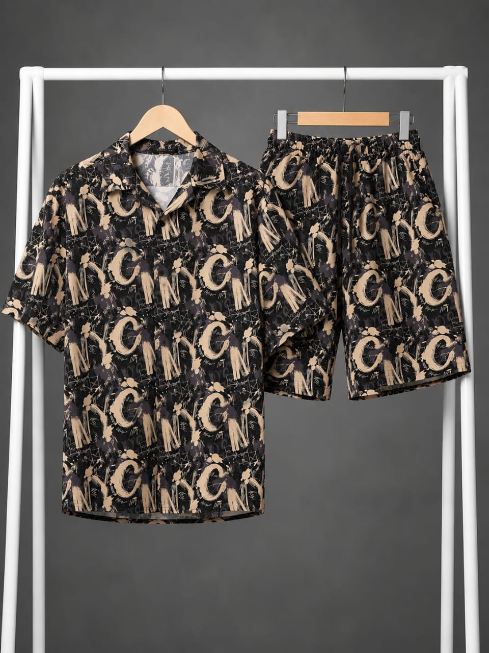 Black & Beige Abstract Brush Print Shirt & Shorts Co-ord Set