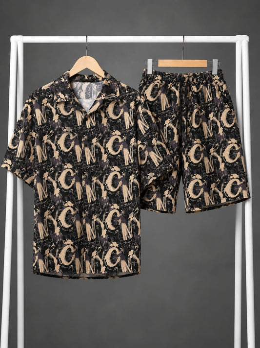 Black & Beige Abstract Brush Print Shirt & Shorts Co-ord Set