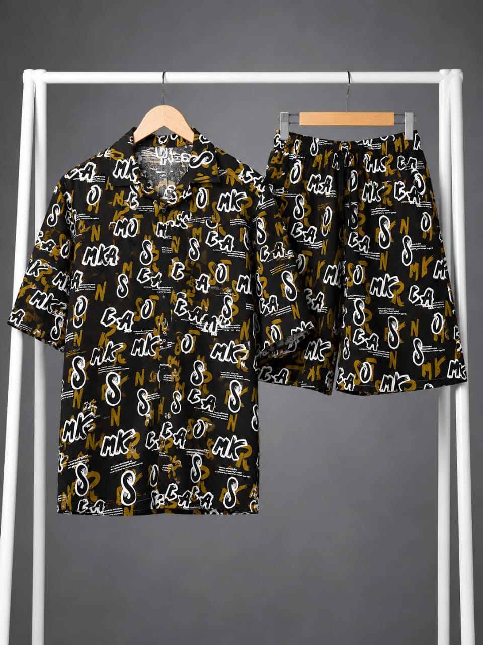 Black & Mustard Graffiti Print Shirt & Shorts Co-ord Set