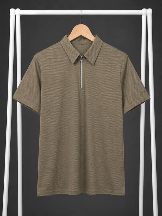 Textured Olive Half-Zip Polo Shirt