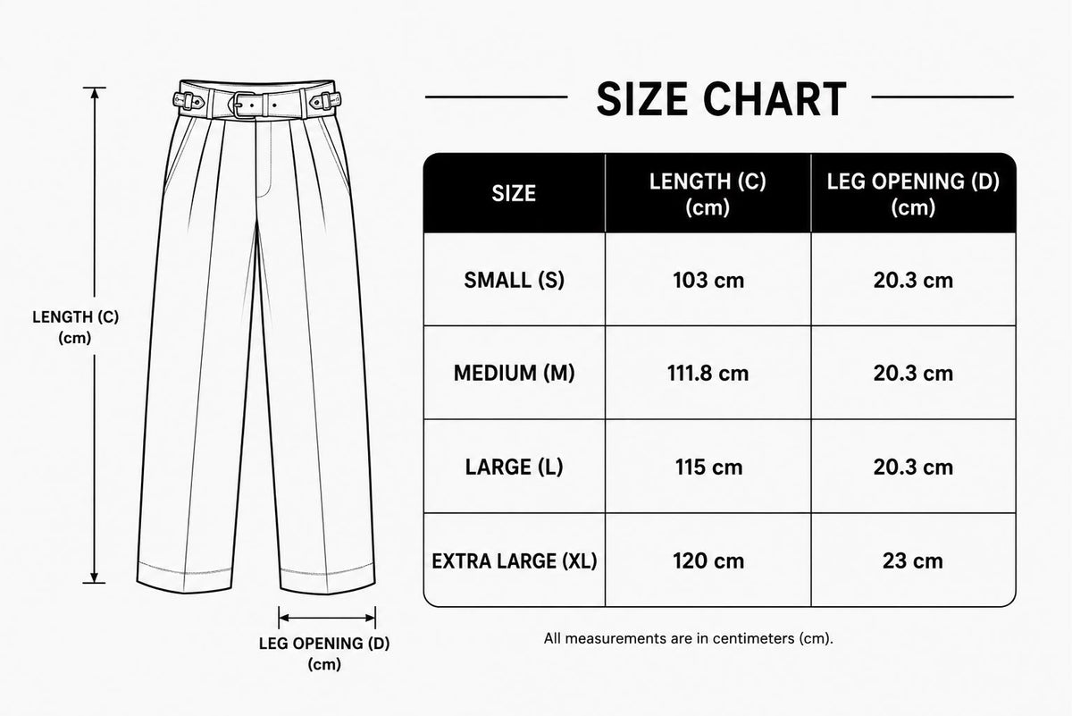 A size chart diagram showing a pair of pleated trousers with measurement labels and a size table listing Small, Medium, Large, and Extra Large lengths and leg openings in centimeters.