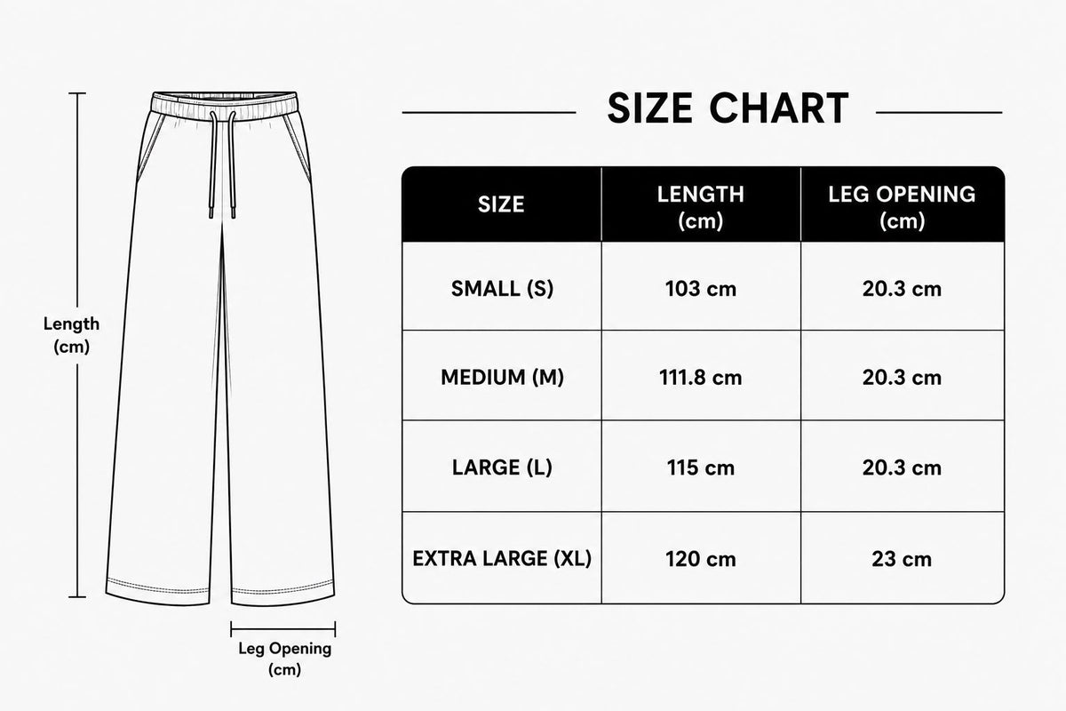 A size chart diagram showing a pair of wide-leg pants with measurement labels and a size table listing lengths and leg openings for Small, Medium, Large, and Extra Large.