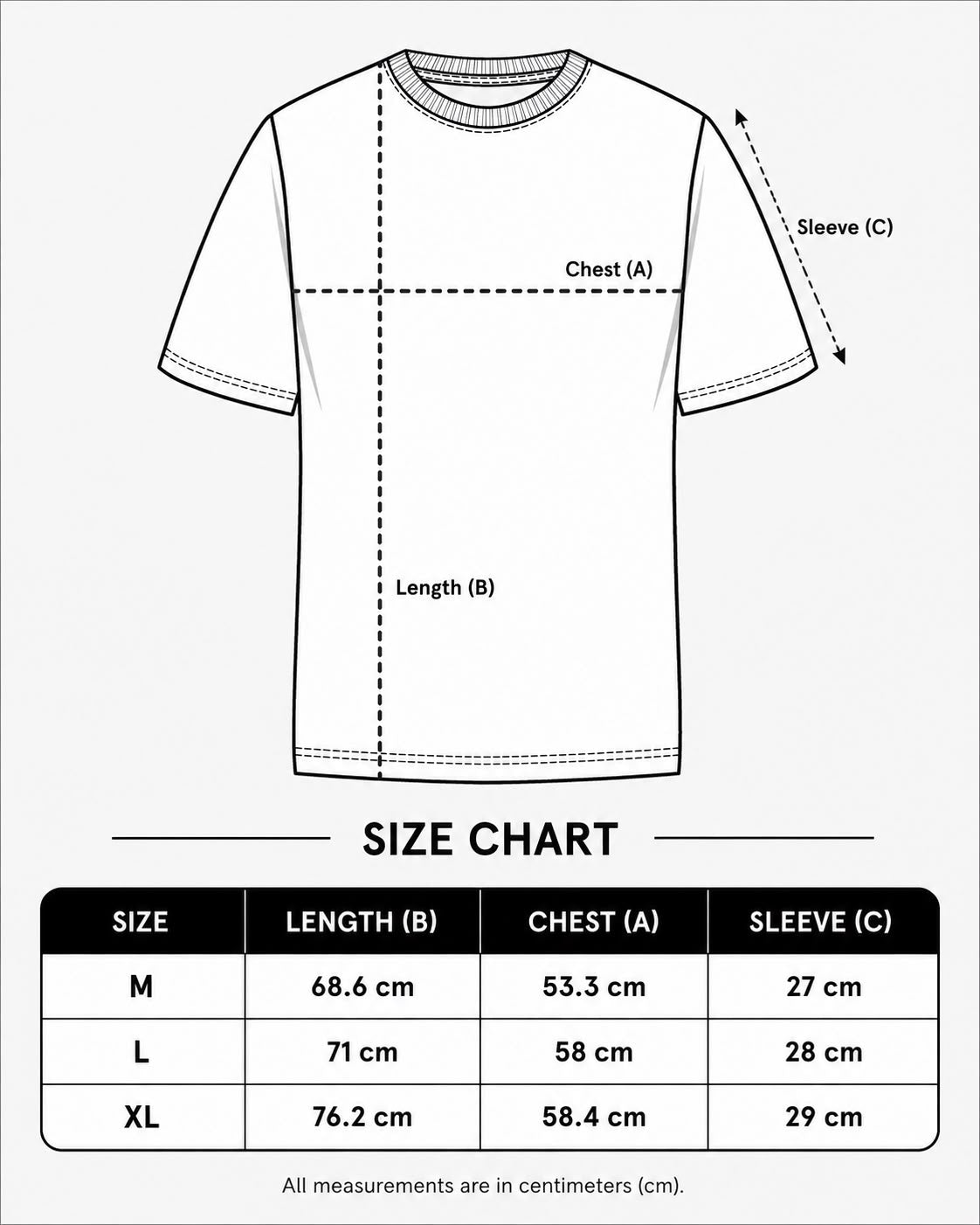 A size chart diagram for a short-sleeve crew-neck T-shirt, showing a line drawing with labeled chest, length, and sleeve measurements, plus a size table for M, L, and XL in centimeters.